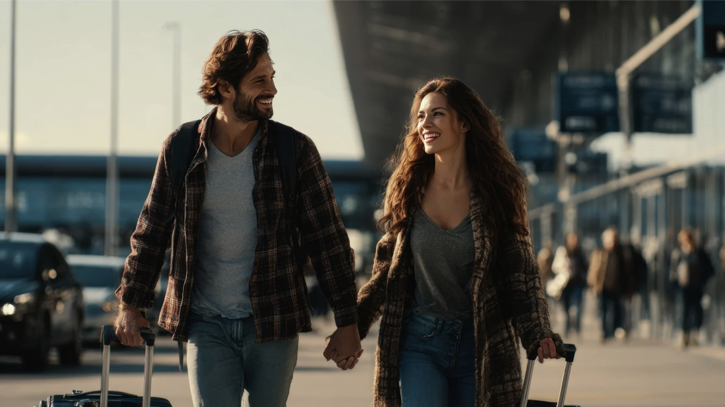 Two people at airport departure terminal looking out window